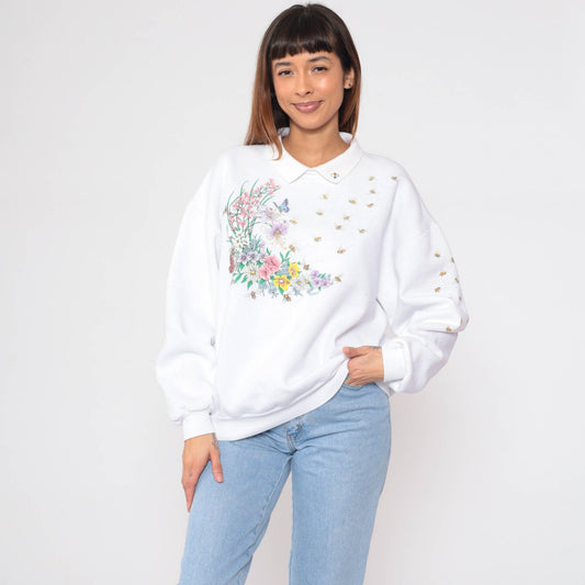 90s Honeybee Floral Butterfly Sweatshirt White Collared Pullover Extra Large XXL