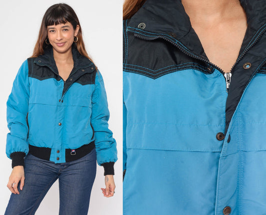 80s White Mountain Puffer Ski Jacket Blue Black Convertible Zip Sleeve Large