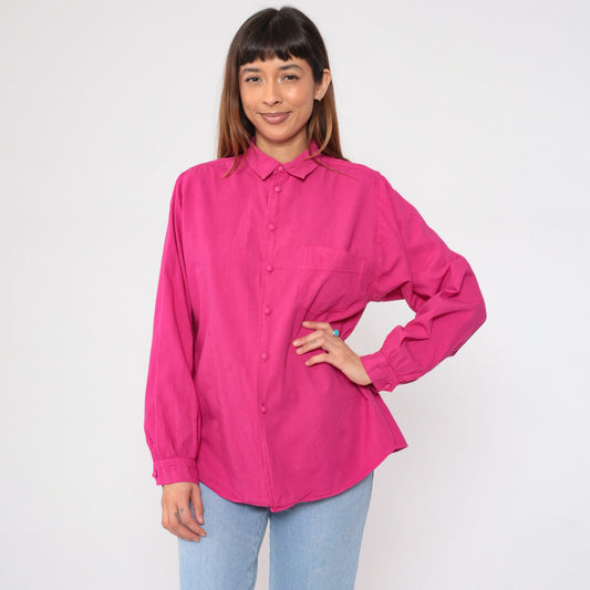 90s Fuchsia Cotton Button-Up Shirt Long Sleeve Collared Small