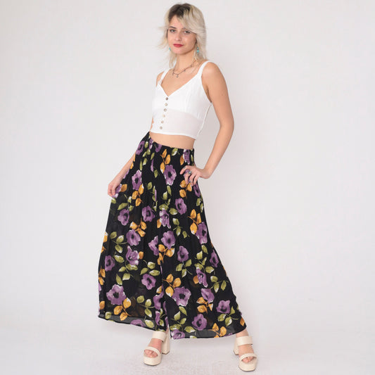 90s Black Floral Palazzo Pants Semi-Sheer High Waist Pleated Wide Leg Small