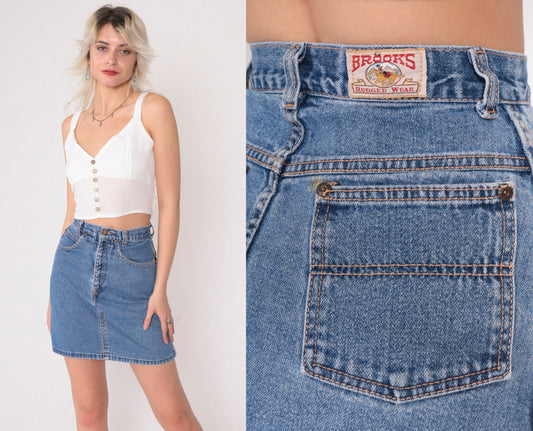 90s Brooks Rugged Wear Denim Mini Skirt High Waisted Pencil Blue Extra Small