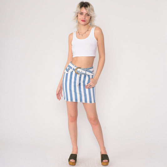 90s Paris Blues Striped Denim Mini Skirt High Waist Belt White Blue Extra Small