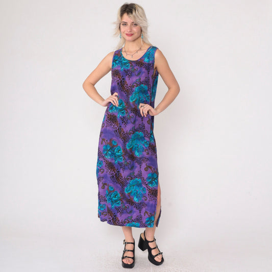 90s Caribou Floral Leopard Print Midi Dress Purple Blue Sleeveless Small