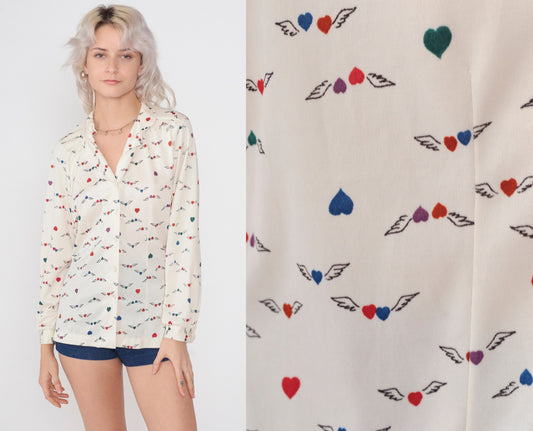 70s Winged Heart Print Button-Up Blouse Off-White Long Sleeve Collared Large