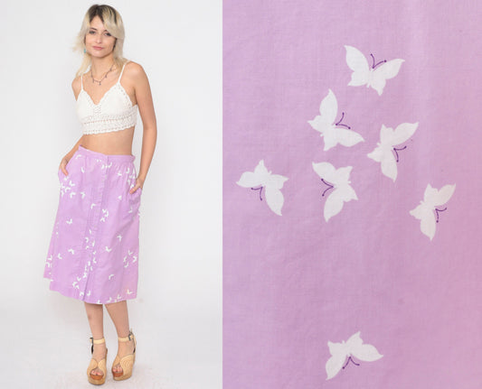 70s Lavender Butterfly Button Skirt High Waist Pintucked Midi Small