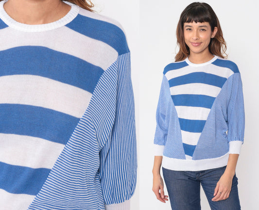 80s Blue White Striped Dolman Sweater Knit Pullover 3/4 Batwing Sleeve Medium M