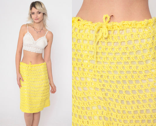 70s Yellow Crochet Midi Skirt High Waisted Open Weave Drawstring Small