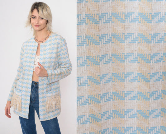 70s Nardis of Dallas Baby Blue Checkered Chevron Open Front Jacket Small Medium