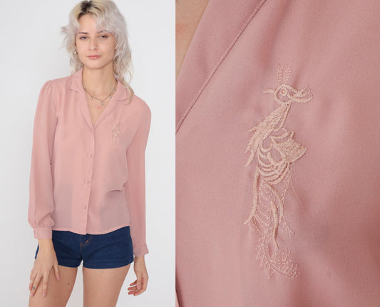 80s Blush Pink Embroidered Peacock Button-Up Blouse Long Sleeve Small