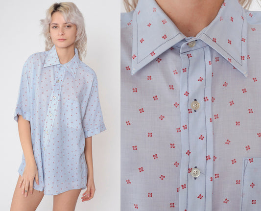 70s Van Heusen Floral Button-Up Shirt Baby Blue Flower Print Men's XXL