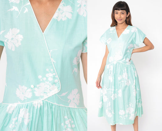 80s Mint Floral Midi Dress High Waisted Button Front Short Sleeve Medium