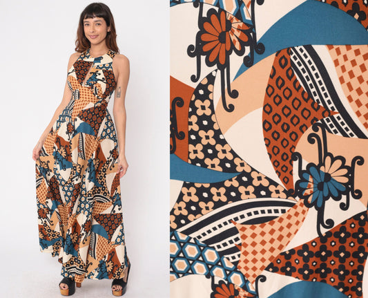 70s Abstract Floral Patchwork Maxi Dress Keyhole Racerback Sleeveless Extra Small
