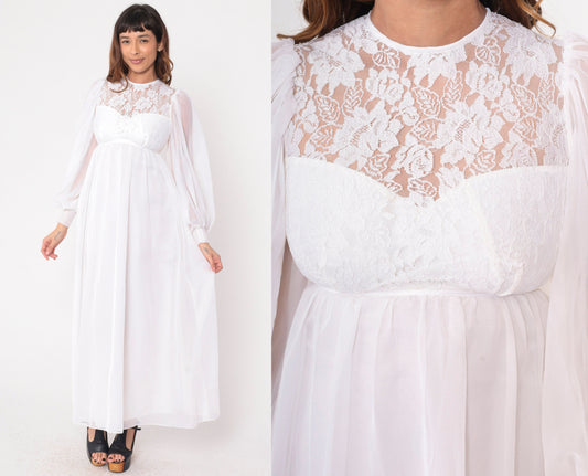 70s White Lace Maxi Wedding Dress Empire Waist Balloon Sleeve Sweetheart Neckline Extra Small