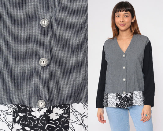 90s Aimee d Black White Checkered Floral Print Blouse V Neck Long Sleeve Small