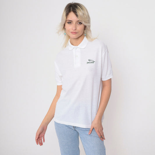80s Jaguar Logo Polo Shirt White Cotton Graphic Button-Up Medium