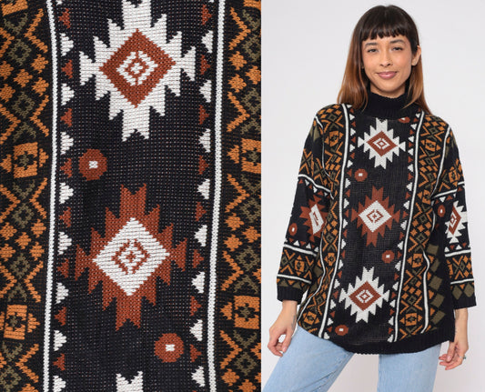 80s Southwestern Knit Turtleneck Sweater Black Geometric Print Large L