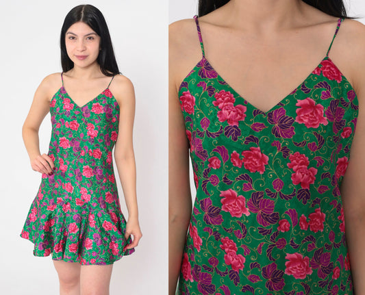 90s Green Floral Mini Slip Dress Drop Waist Spaghetti Strap Small M