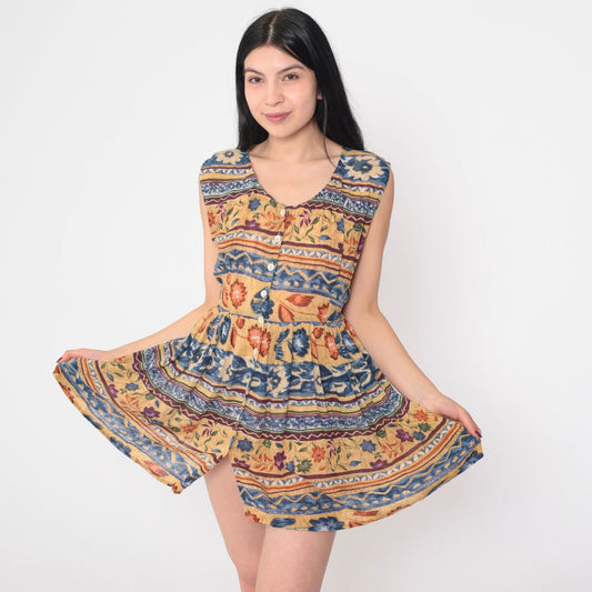 90s Floral Striped Mini Dress Sleeveless High Waist Button Front Petite Medium