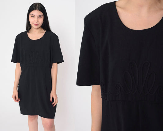 90s Kathie Lee Black Mini Shift Dress Soutache Trim Short Sleeve Large