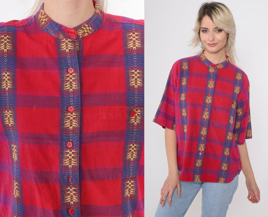 90s Backroad Blues Checkered Shirt Red Purple Geometric Embroidery Mandarin Collar Small
