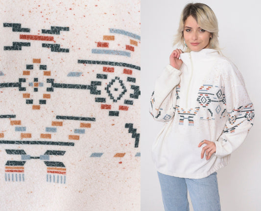 90s Art Unlimited Wyoming Southwestern Fleece Sweatshirt White Quarter Zip Large