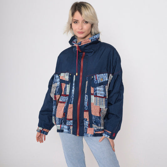 90s Patchwork Windbreaker Blue Zip Jacket Floral Geometric Polka Dot Large L