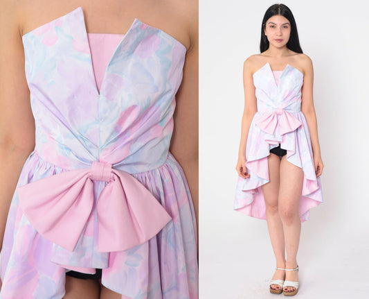 80s Strapless Waterfall Hem Dress Pastel Pink Purple Floral Bow Extra Small