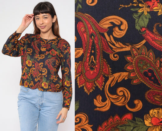 90s Norton McNaughton Paisley Floral Button-Up Blouse Black Gold Long Sleeve Medium