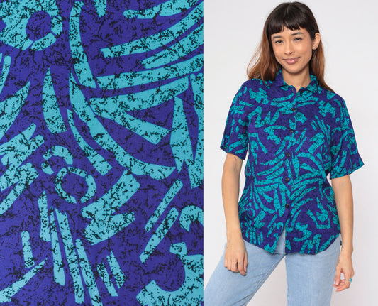 90s Abstract Marbled Button-Up Blouse Purple Blue Black Short Sleeve Medium