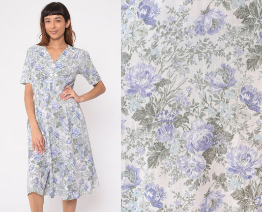 80s Stuart Alan Petites Floral Midi Dress Lavender Button-Up V-Neck Small