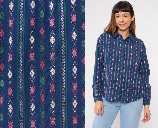 90s Krazy Kat Blue Argyle Diamond Print Button-Up Blouse Long Sleeve Large L