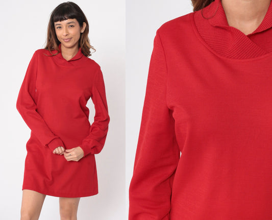 80s Red Mini Shift Dress Shawl Collar Ribbed Knit Small