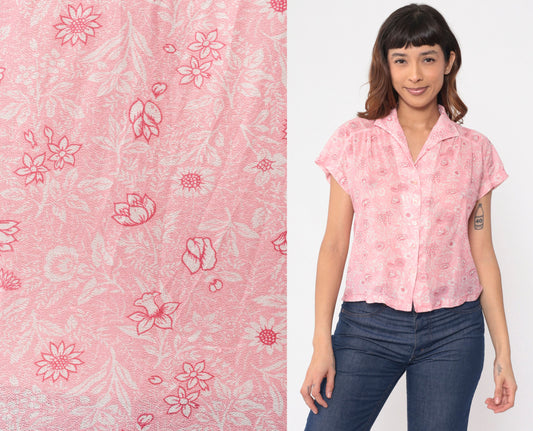 70s Pink Floral Button-Up Blouse Cap Sleeve Semi-Sheer Medium