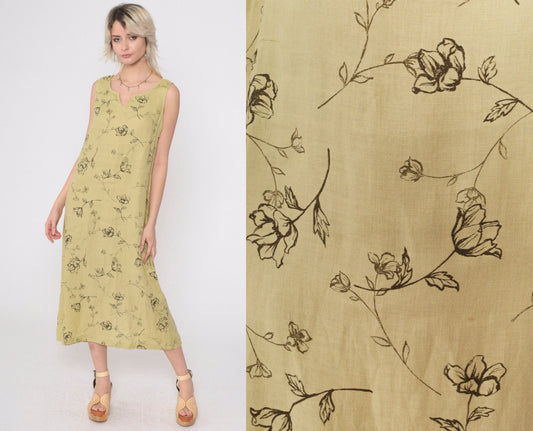 90s Style & Co. Floral Linen Midi Dress Chartreuse Sleeveless Slit Neckline Medium 10