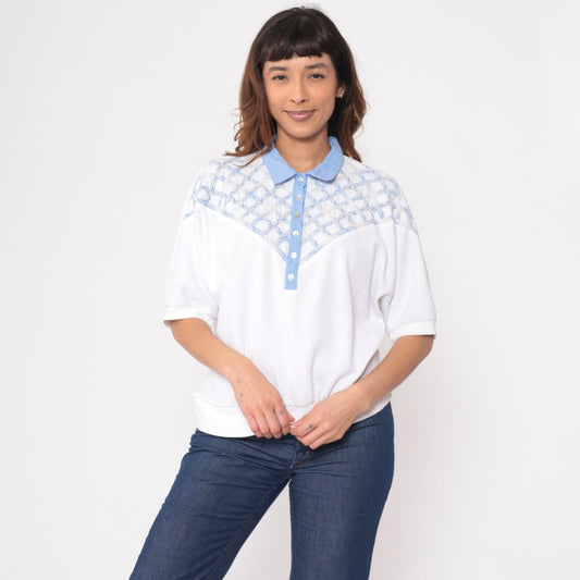 90s Koret Polo Shirt White Lattice Waffle Knit Dolman Sleeve Large L