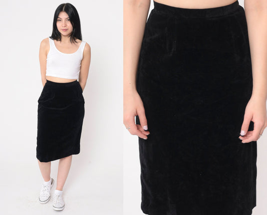 70s Black Velvet Midi Pencil Skirt High Waisted Extra Small XS