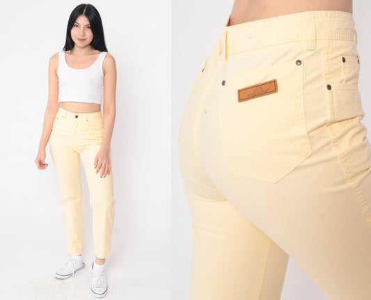 90s Jordache Pale Yellow High-Waisted Slim Trousers Small