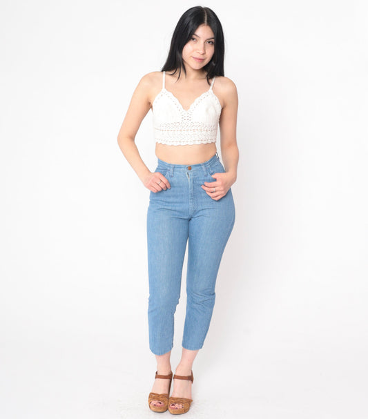 70s High Waist Skinny Jeans Blue Denim Cropped Ankle Tight Fit XXS