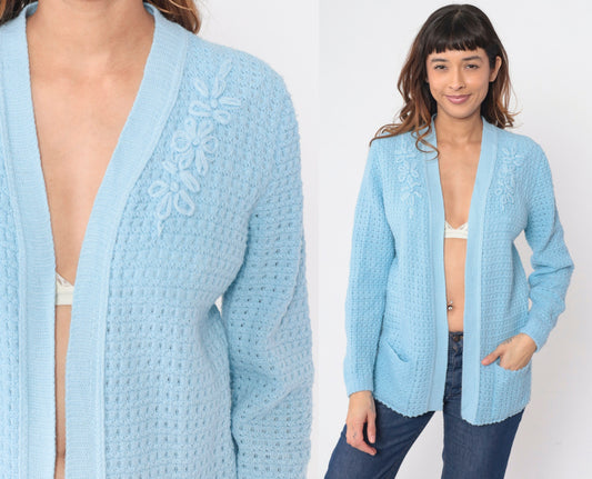 70s Baby Blue Cardigan Knit Floral Embroidered Open Front Sweater Medium M