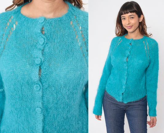 70s Blue Mohair Cardigan Cutout Raglan Sleeve Knit Sweater Medium