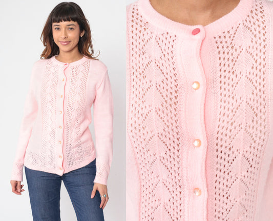 70s Baby Pink Pointelle Cardigan Button-Up Knit Sweater Small S