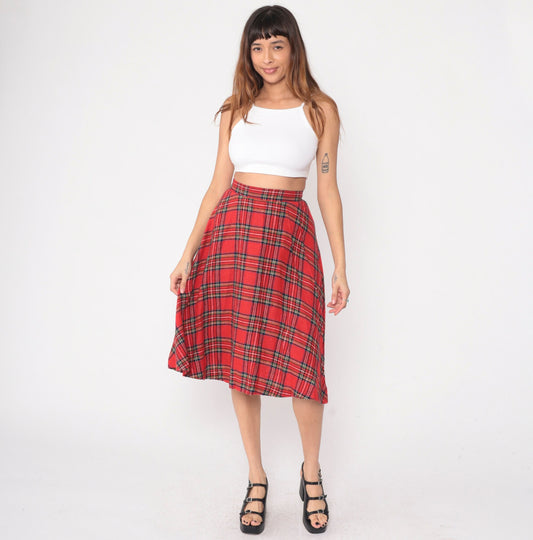 70s Red Plaid Midi Skirt High Waisted A-Line Tartan Small S