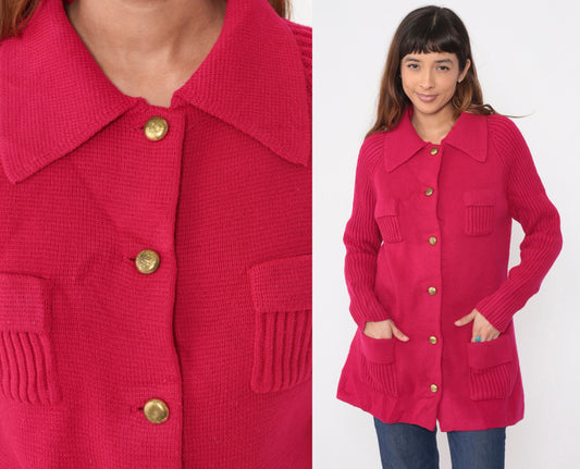 70s Fuchsia Cardigan Sweater Raglan Sleeve Ribbed Knit Gold Buttons Large L