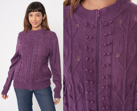 90s Purple Pointelle Cardigan Popcorn Knit Leaf Design Zip Up Sweater Medium