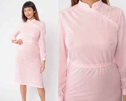 70s Mandarin Collar Midi Dress Baby Pink Striped Long Sleeve High Waist Extra Small