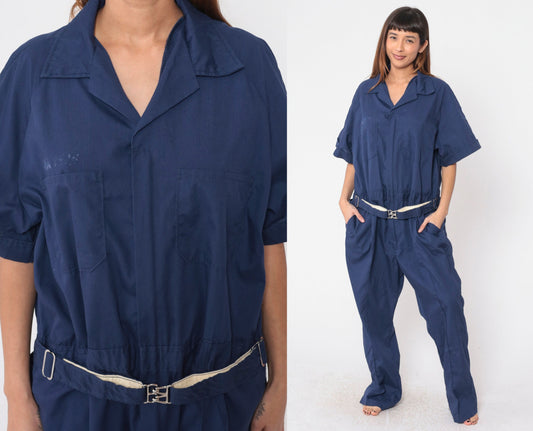 70s Walls Dark Blue Coveralls Utility Boilersuit Straight Leg Short Sleeve Men's 50 R