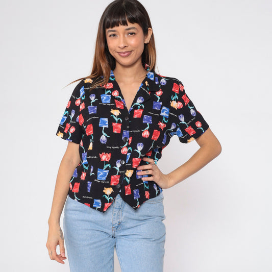90s Floral Botanical Button-Up Blouse Flowerpot Tulip Print Shirt Large L