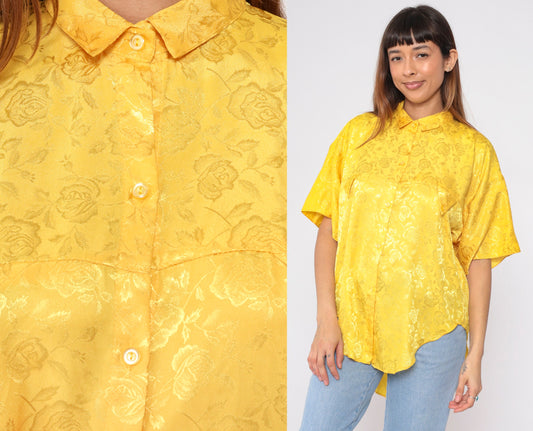 90s Angelus Yellow Floral Button-Up Blouse Embossed Short Sleeve Large