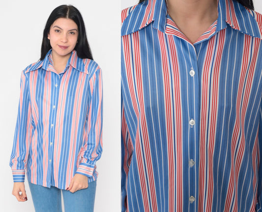 70s Red White Blue Striped Button-Up Blouse Long Sleeve Collared Shirt Medium