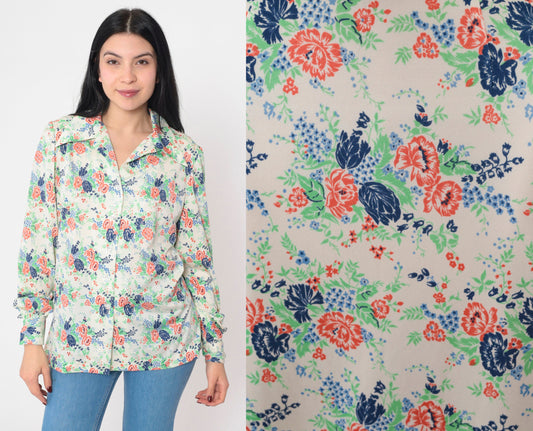 70s Floral Button-Up Blouse Off-White Collared Long Sleeve Medium